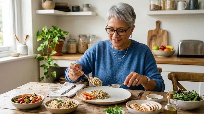 Une femme de 55 ans en train de composer une assiette équilibrée (légumes, protéines, céréales complètes) sur une table de cuisine.