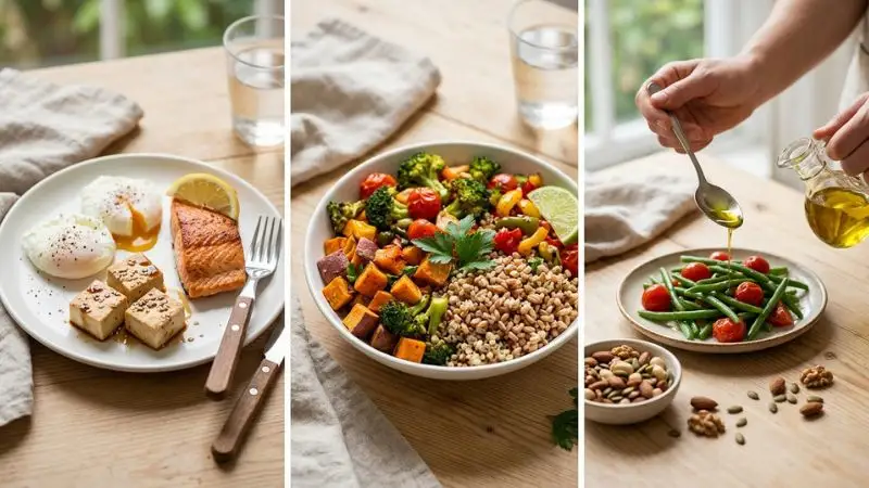 Trois petites scènes : une assiette avec des protéines, une assiette riche en légumes et céréales complètes, et une main versant un filet d’huile sur des légumes avec quelques noix à côté.