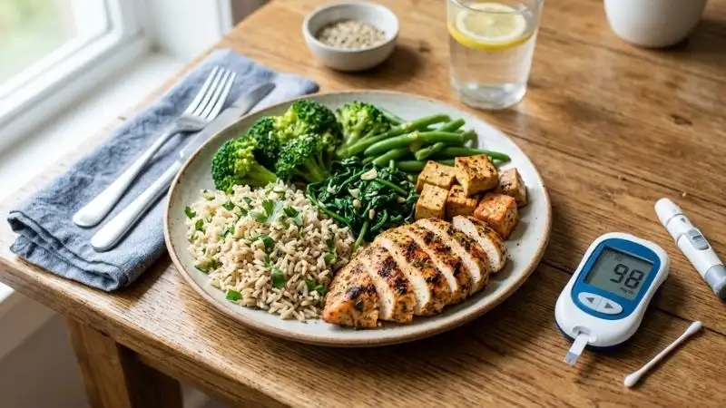 Assiette avec riz basmati complet, légumes verts et une source de protéines. Un glucomètre sur la table pour évoquer le suivi glycémique.