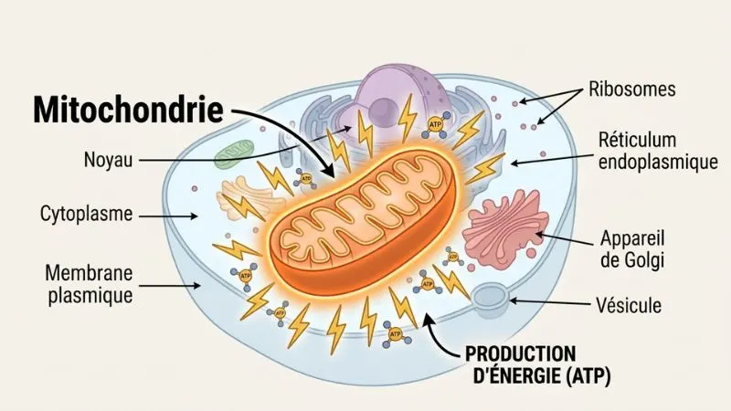 Illustration scientifique d'une cellule avec une mitochondrie mise en évidence visuelle, accompagnée de petites étincelles (éclairs, ATP).