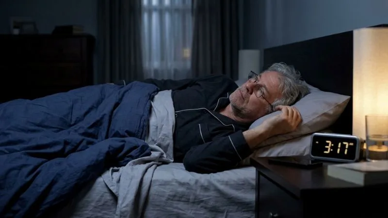 homme de 60 ans allongée dans un lit, les yeux ouverts en pleine nuit, réveil affichant une heure tardive ( 3h du matin).