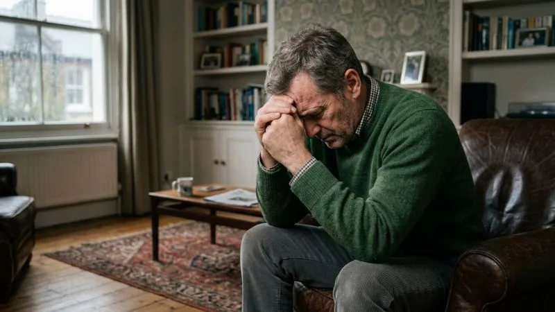 homme de plus de 50 ans assis dans un salon, tête légèrement baissée, mains sur le visage , signes de
tension visibles.