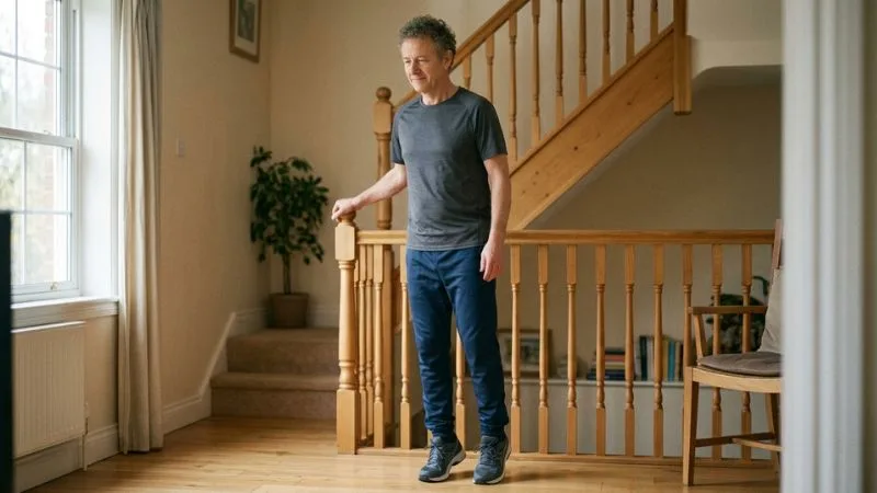 Une personne de 55 ans réalisant un exercice simple (relevé de mollets)
avec un appui à proximité.