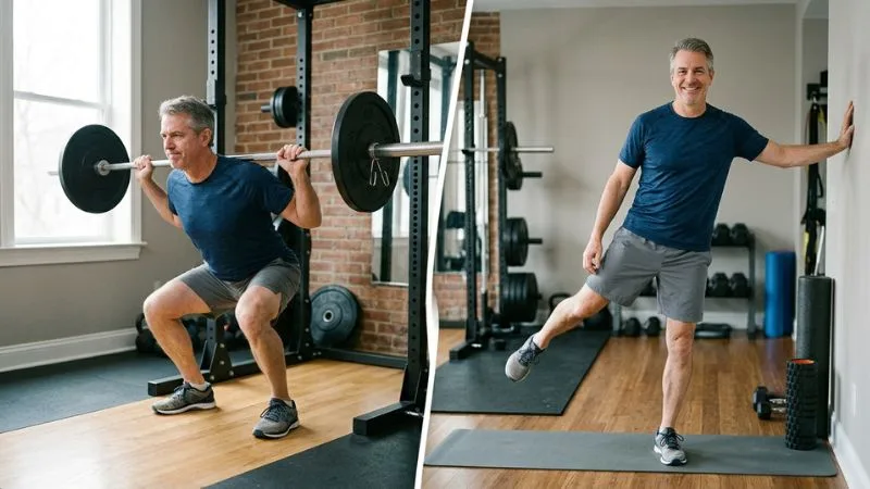 Deux scènes : à gauche, une personne de 55 ans qui saute l’échauffement et commence directement un
exercice (air un peu raide) ; à droite, la même personne qui s’échauffe doucement avant de commencer (air plus détendu)
