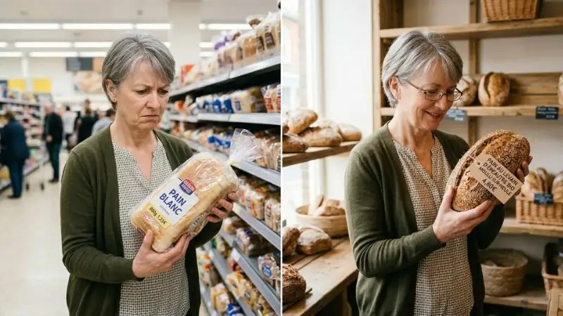 Deux scènes côte à côte : à gauche, une femme de 55 ans tenant un pain de supermarché avec une étiquette; à droite, une femme lisant attentivement une étiquette de pain complète dans une boulangerie.