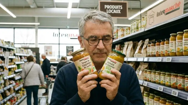 Un homme de 55 ans dans un supermarché, regardant attentivement l’étiquette d’un produit industriel et
comparant deux produits.