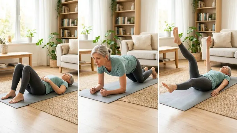 Une personne de 55 ans réalisant trois exercices simples sur un tapis : respiration abdominale allongée,
planche sur les genoux, Dead Bug.