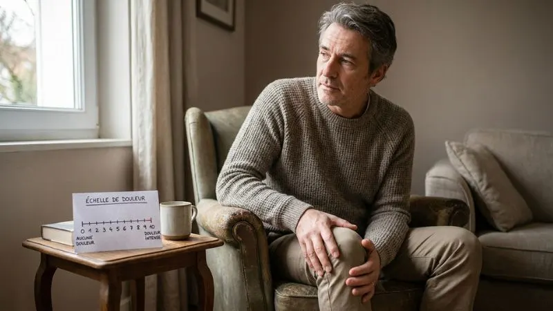 Un hommee de 55 ans assis, touchant doucement son genou, avec à côté une petite échelle de douleur de 0 à 10 dessinée.