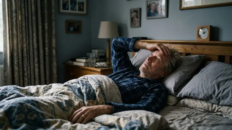 Homme de soixante-huit ans allongé sur son lit en pleine journée, yeux ouverts fixant le plafond, une main posée sur le front.