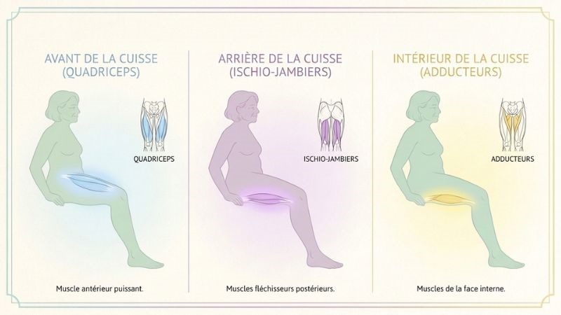 Trois plans rapprochés côte à côte : avant de la cuisse, arrière de la cuisse , intérieur de la cuisse, illustrés par de légères surbrillances colorées sur une silhouette de 65 ans.