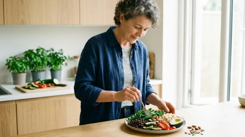 Une femme de 55 ans en train de préparer un repas équilibré (légumes, légumineuses, quelques amandes),
et les aliments riches en magnésium