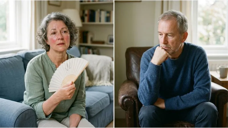 Deux portraits côte à côte : une femme de 55 ans s'éventant légèrement (bouffée de chaleur) et un homme de 60 ans l'air fatigué mais pensif.