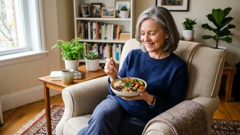 Femme de 55 ans, assise dans un salon un bol de nourriture saine (riz,
légumineuses, graines
de lin). Expression sereine, ambiance détente.