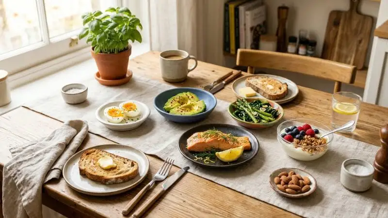Une table dressée avec plusieurs petits plats représentant une journée alimentaire équilibrée (œufs, avocat,
saumon, légumes verts, yaourt, amandes)