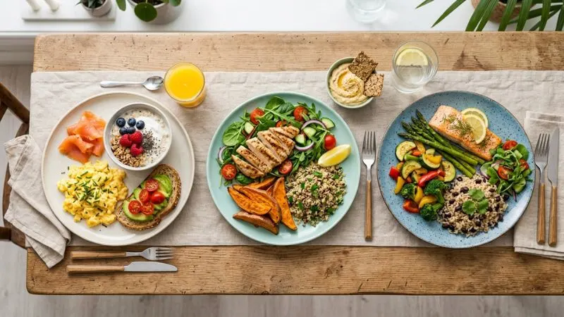 Vue de dessus d’une table avec trois assiettes alignées : petit-déjeuner, déjeuner et dîner équilibrés
(protéines, légumes, féculents complets)