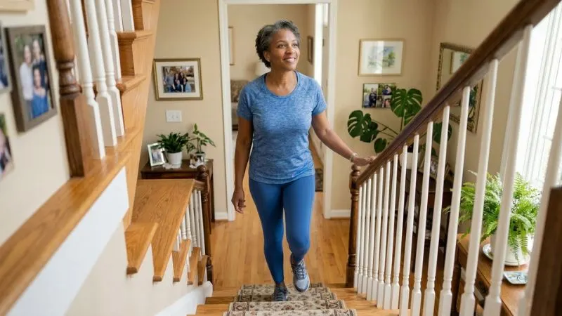 Une personne de 55 ans en train de monter un escalier, avec un léger sourire.