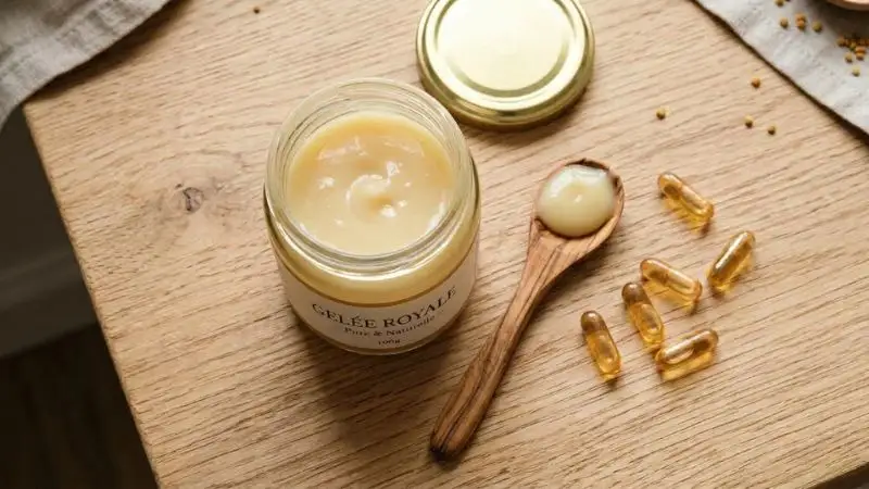 Pot de gelée royale ouvert avec une cuillère en bois posée à côté, entouré de quelques gélules de compléments alimentaires sur un
plan de travail en bois clair