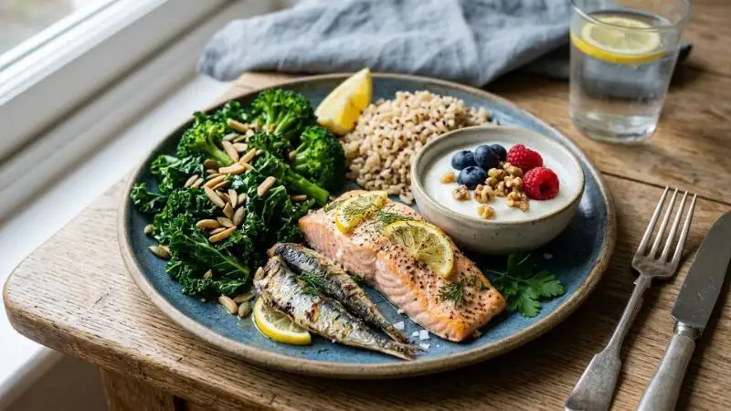 Assiette équilibrée typique des sources de calcium et de protéines : produits laitiers, poissons gras (sardines,
saumon), légumes verts feuillus (chou kale, brocoli), oléagineux.