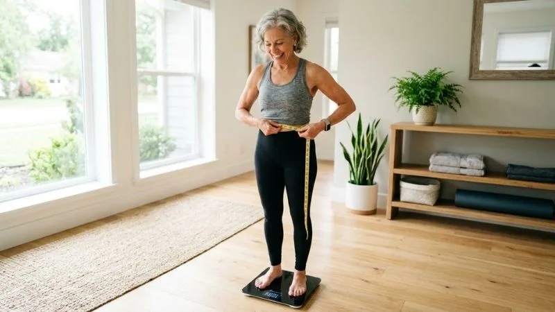 Femme de 60 ans, en train de se peser sur une balance et de mesurer son tour de taille avec un mètre ruban, dans un intérieur lumineux.