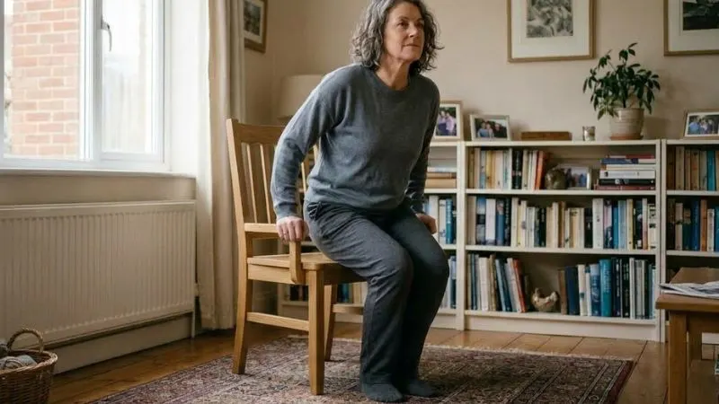 Une personne de 55 ans en mouvement quotidien (en train de se lever d'une chaise), avec une attention
discrète portée sur le ventre et le tronc.