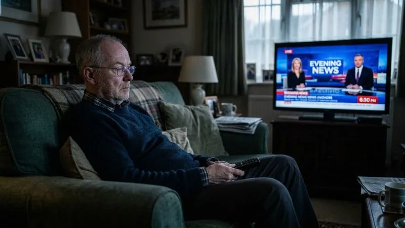 Homme de 55 ans assis sur un canapé, télécommande à la main, regard fixé sur un téléviseur allumé
posture affaissée et immobile.