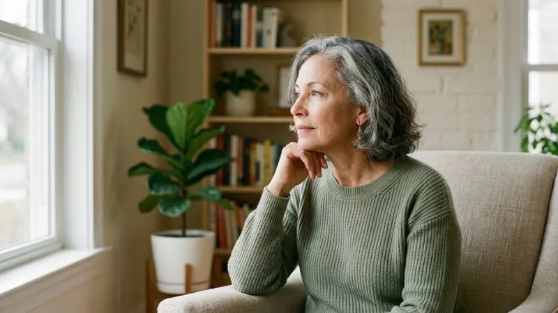 Portrait d’une femme de 55 ans regardant doucement vers le côté, a travers une fenetre, l’air réfléchi,
dans un intérieur calme.
