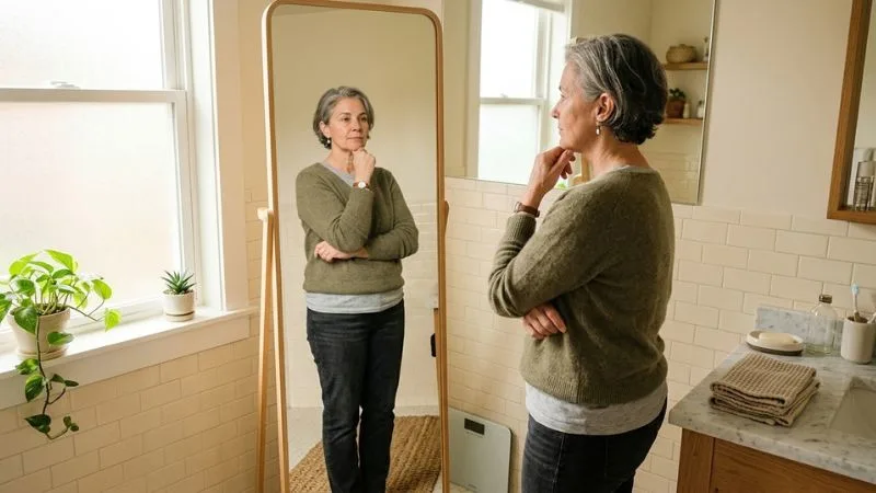 Une femme de 55 ans debout devant un miroir, l'air pensif, dans une salle
de bain lumineuse.