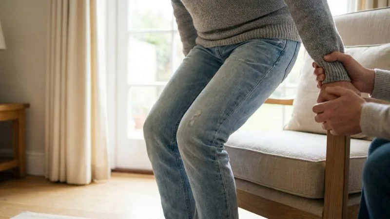 Une personne de 55 ans en train de se lever d’une chaise, avec une attention visuelle sur les cuisses et les genoux.