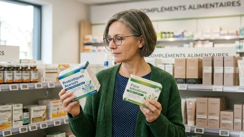 Une femme de 55 ans en train de comparer deux boîtes de compléments probiotiques dans une pharmacie ,
avec une étiquette bien visible.