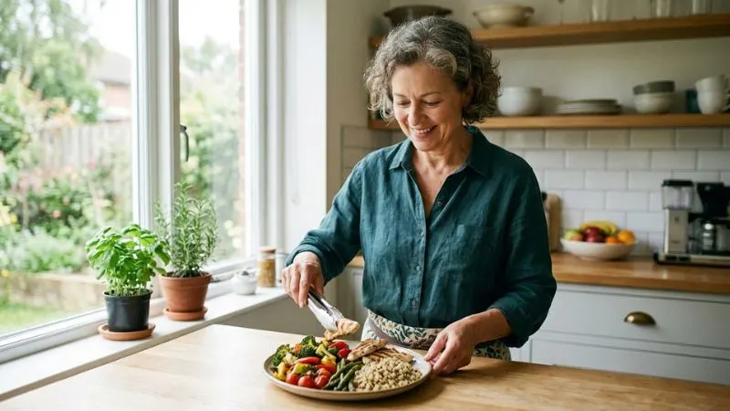 Une femme de 55 ans en train de composer une assiette colorée (moitié légumes, quart protéines, quart
céréales complètes) .