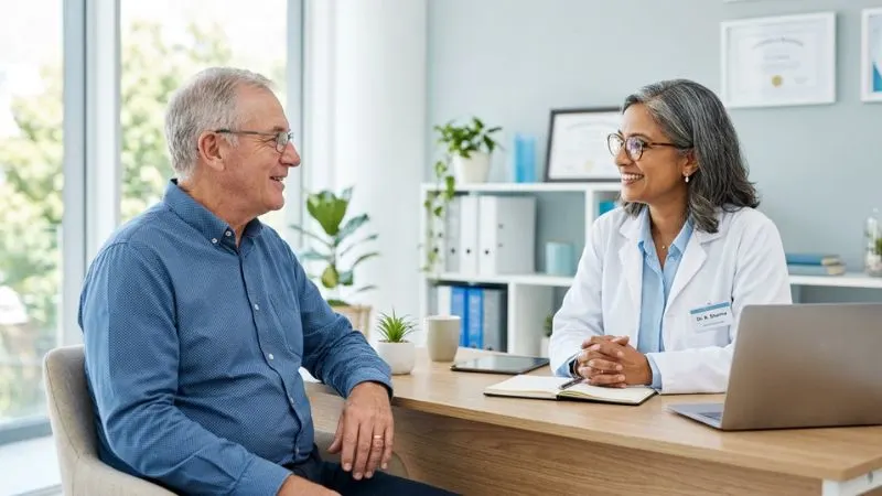 homme de 60 ans en consultation avec un médecin, dans un cabinet médical lumineux et rassurant,
échange bienveillant.