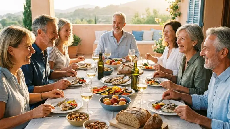 Une table conviviale avec des légumes colorés, de l’huile d’olive, du poisson, du pain complet, des fruits et des noix,
autour de laquelle sont assis des adultes.