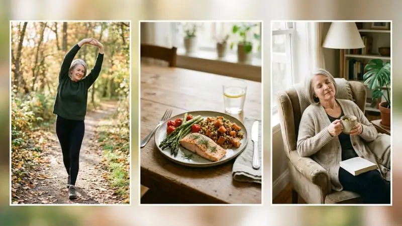 Trois scènes : une personne de 55 ans qui s'étire doucement, une assiette
équilibrée (protéines, légumes, féculents), et un moment de repos (tasse de tisane, fauteuil confortable).
