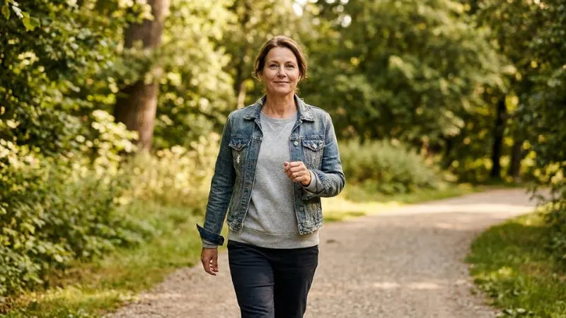 Une personne de 55 ans marche d’un pas énergique dans un parc, vêtue de façon décontractée et souriant
légèrement.
