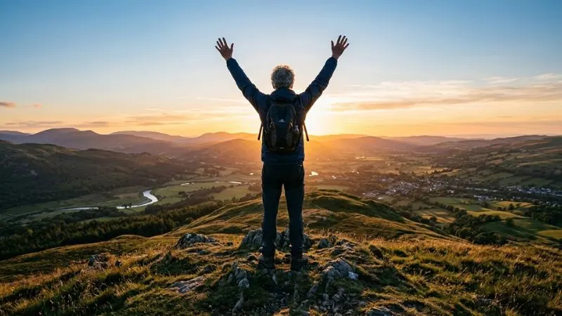 Homme de 55 ans étirant les bras vers le ciel au sommet d'une colline, vue de dos, ciel dégagé en fin d'après-midi,
lumière chaude dorée.