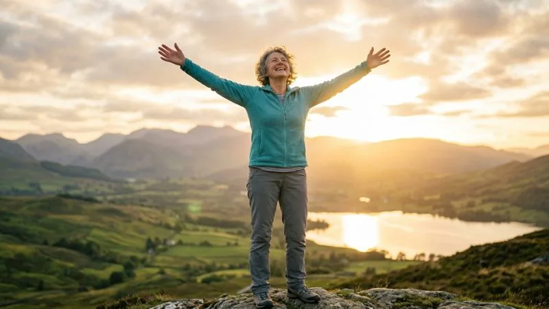 Personne de 60 ans, souriante et énergique, en plein mouvement debout
avec les bras ouverts face à la lumière. Expression de vitalité retrouvée.