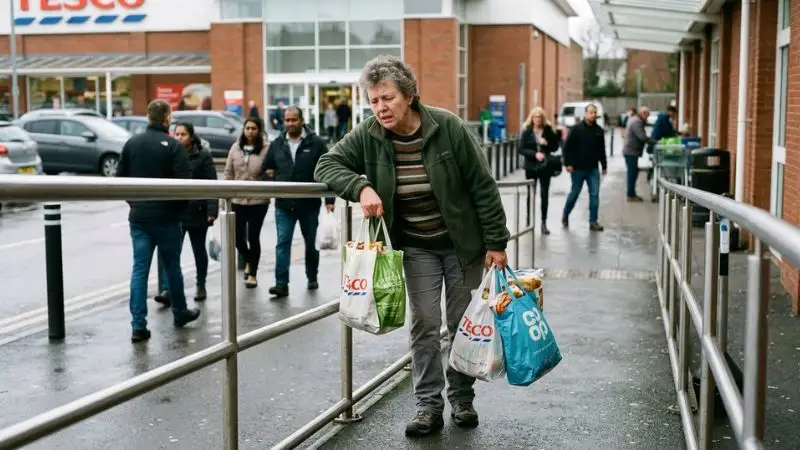 Personne de 60 ans en train de porter des sacs de courses avec un effort visible,
en prenant appui sur les accoudoirs.