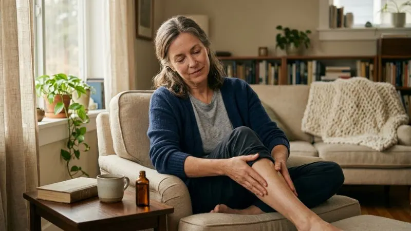 Une femme de 55 ans en train de s'auto-masser les jambes avec une huile, ou appliquant une
bouillotte sur une zone tendue, dans un salon calme.