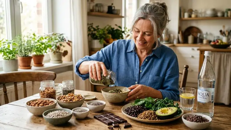 Une femme de 55 ans en train de verser des graines dans un bol, sur une table avec plusieurs aliments riches en magnésium