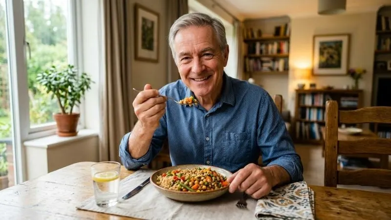 Homme de 60 ans, souriant, en train de déguster un plat de riz basmati complet avec légumes
et légumineuses, dans un cadre agréable.