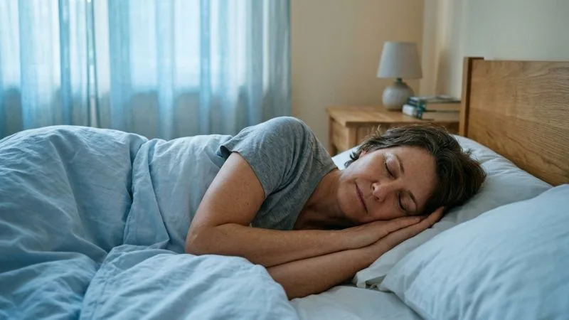 Femme de 55 ans allongée dans un lit, yeux fermés, expression paisible, chambre baignée d'une lumière bleutée de petit matin.