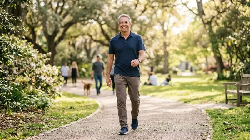 Un homme de 55 ans souriant, marchant d'un pas assuré dans un parc et s'étirant
doucement avec confiance.