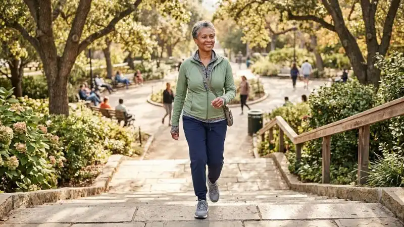 Une femme de 55 ans marchant d'un pas assuré dans un parc, montant un escalier, avec un léger sourire, expression confiante et sereine