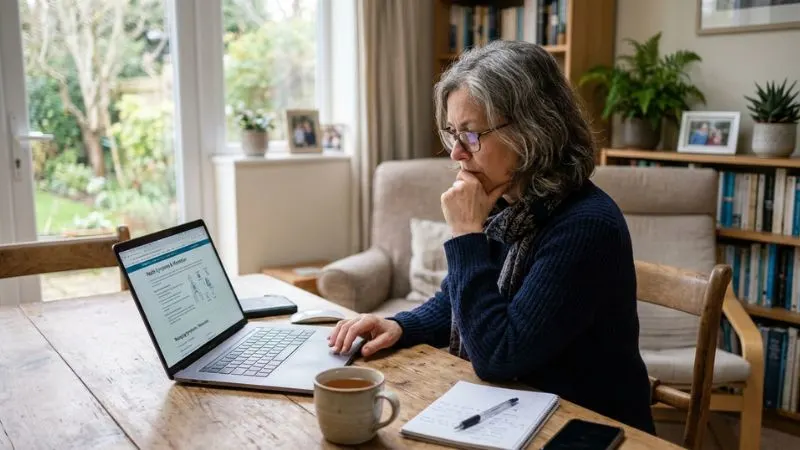Une personne de 55 ans assise à une table, regardant un ordinateur, l'air réfléchi en train de chercher des informations sur ses symptômes.