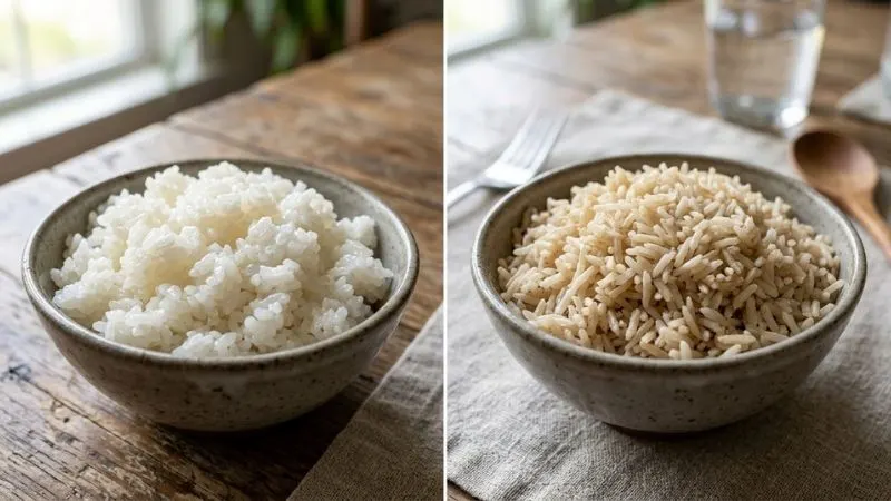Comparaison visuelle de deux bols côte à côte : à gauche du riz blanc cuit,
à droite du riz basmati complet cuit.