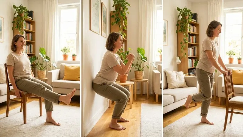 Trois scènes : extension de jambe assise sur une chaise, squat léger contre un mur, équilibre
sur un pied en tenant un dossier de chaise, réalisées par une personne de 65 ans.