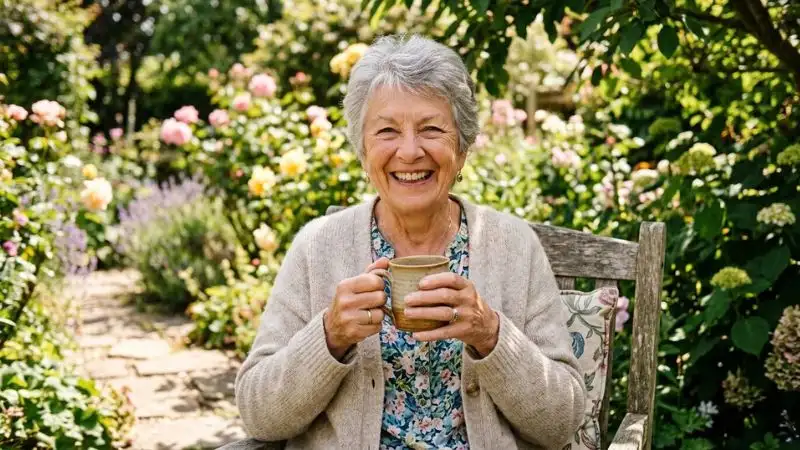 Femme de soixante-dix ans souriante, assise dans un jardin ensoleillé, tenant une tasse chaude entre les mains, posture détendue et ouverte.