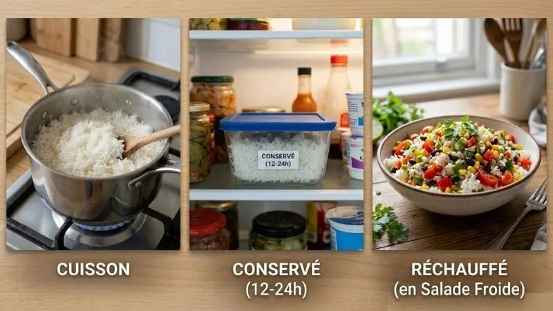 Séquence de 3 photos : riz cuit dans une casserole, boîte hermétique au réfrigérateur
(avec indication "12-24h"), riz en salade froide.