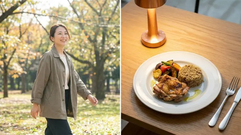 Deux portraits côte à côte : une personne de 55 ans en marche légère dans un parc et une assiette
équilibrée (protéines, légumes, féculents complets, huile) sur une table lumineuse.