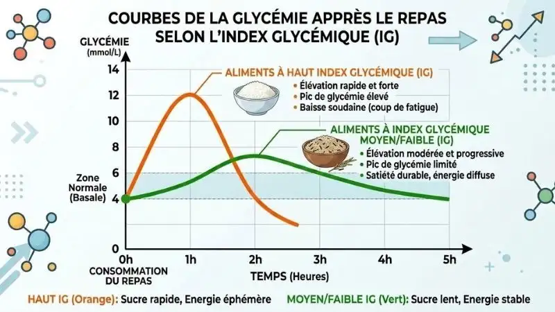 Illustration d'un graphique montrant deux courbes de glycémie (une courbe haute pour IG élevé, une courbe plus plate pour IG modéré).